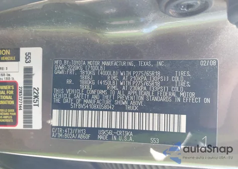 2008 Toyota Tundra Sr5 5.7L V8 из США, поврежденный, VIN 5TFBV54108X058042